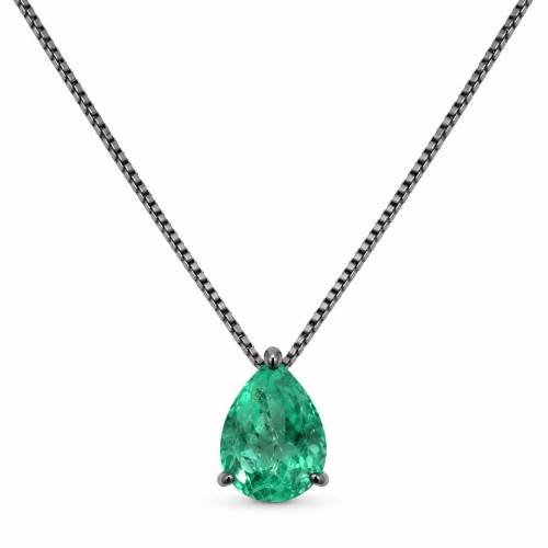 Colar Especial Solitário Gota | Ouro Branco 18K com Ródio Negro e Esmeralda