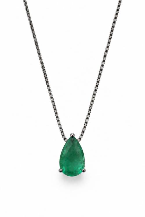 Colar Especial Solitário Gota | Ouro Branco 18K com Ródio Negro e Esmeralda