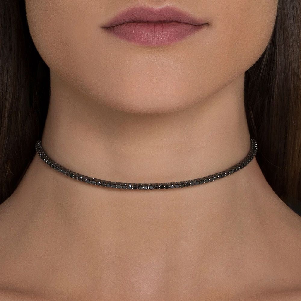 Colar Voyeur De Ouro Branco 18K Com Ródio Negro E Diamante Negro - Jack Vartanian - Choker E Aro